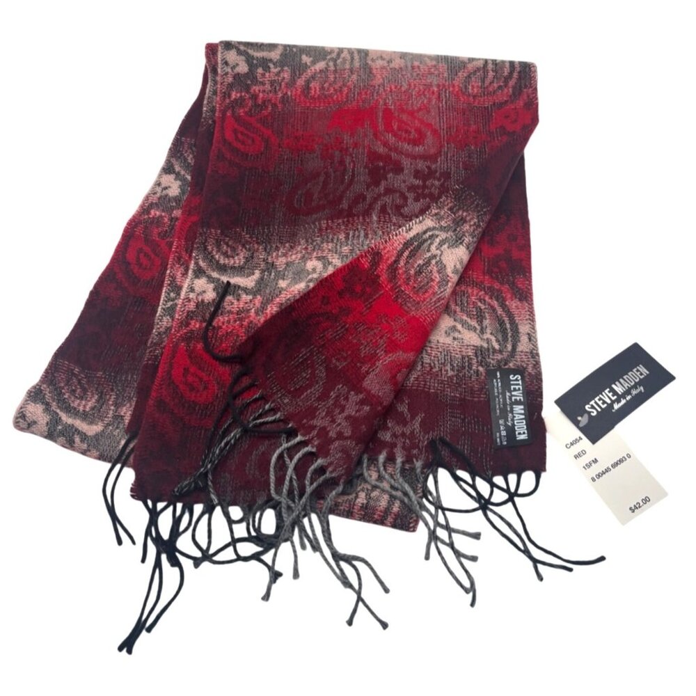 Steve Madden Mid Weight Ombré Paisley Scarf, 11”x 70”, Red-Made in Italy